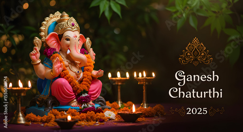 Ganesh Chaturthi 2025 idol decoration prayer diya lighting marigold garland evening celebration worship faith tradition culture