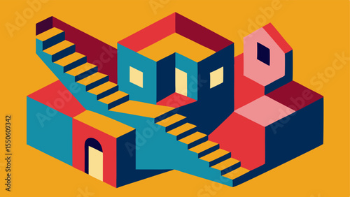 Contrasting Staircases An abstract house with a central cube structure surrounded by a series of staircases that curve and twist in various directions creating an illusion of