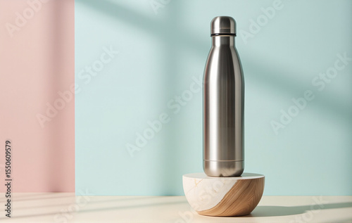 Termo ecológico de acero inoxidable sobre pedestal de cerámica en fondo suave