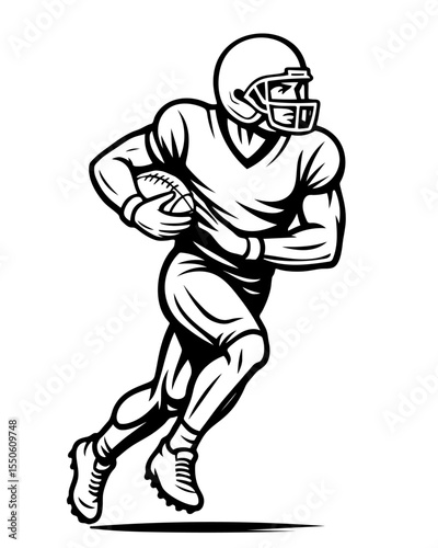 A football player is running with a football in his hands