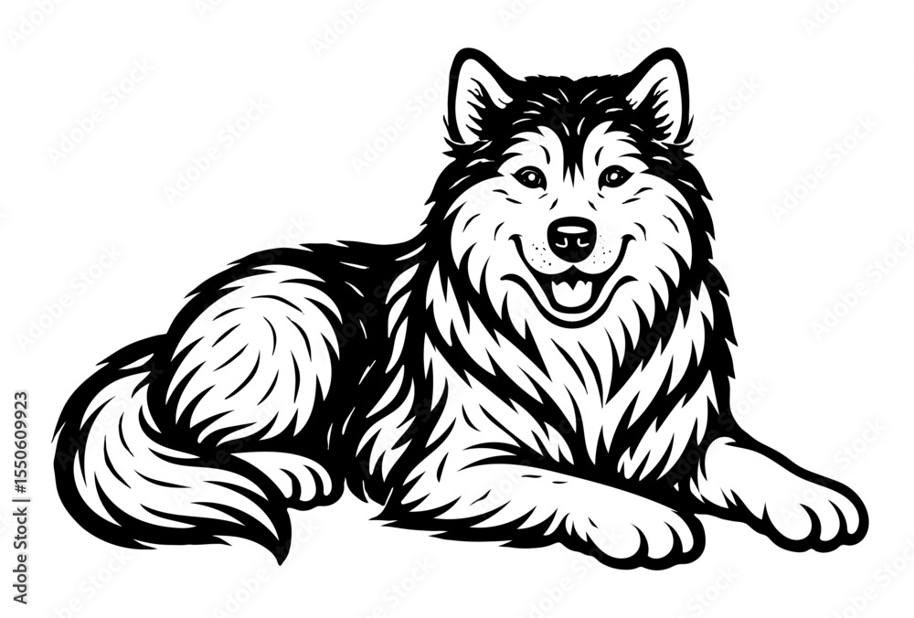 Obraz premium A black and white drawing of a malamute dog with a happy expression.