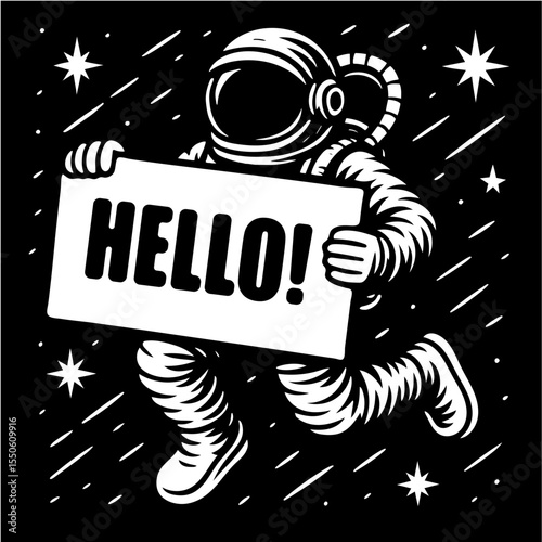 A man in a spacesuit holding a sign that says Hello!