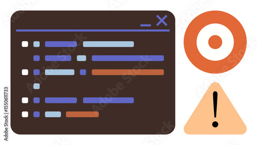 Dark mode code editor with highlighted lines next to orange warning triangle and target icon. Ideal for programming, debugging, software development, system error, problem-solving, focus, simple flat
