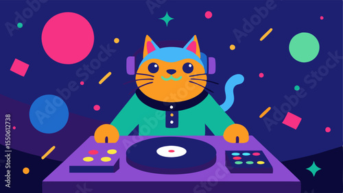 Dance Floor Vibes This illustration features a cat DJ with a funky hairstyle mixing tracks on a sleek modern turntable. The feline is surrounded by a lively crowd of cartoonish