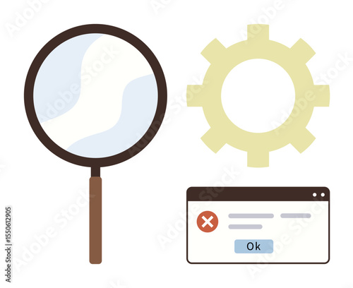 Magnifying glass, yellow gear, and error message window with Ok button. Ideal for problem-solving, troubleshooting, diagnostics, optimization, software testing, debugging simple flat metaphor