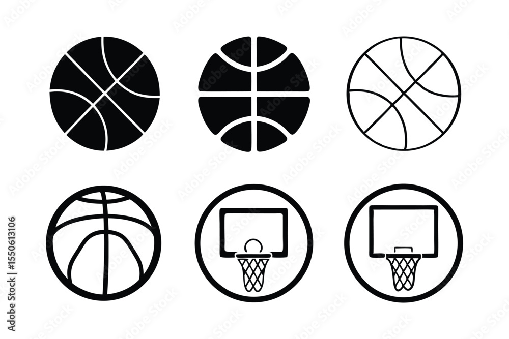 Fototapeta premium Dynamic Black Vector Silhouette Icon Set of Basketball Elements for Sports Logos, Team Merchandise, and Athletic Graphic Designs