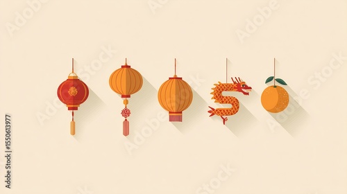 Chinese New Year Decorative Ornament Set with Lanterns Dragon and Orange Illustration