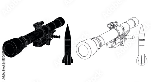 Side-by-Side Technical Drawing of Missile Launcher | Silhouette & Line Art Blueprint of Modern Weapon System

