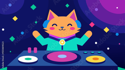 Charming Cat DJ Show A cartoonish cat with cheerful eyes dressed in a colorful outfit mixing on an elaborate turntable setup. The background features a glowing dance floor and a