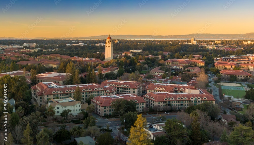 Fototapeta premium Aerial view of Stanford University campus showcasing the iconic Hoover Tower and surrounding buildings at sunset. Palo Alto, California, USA. 28 December 2024.