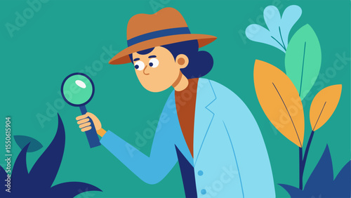 Botanical Clues A detective in a botanical garden examining a strange plant with a magnifying glass depicting a keen interest in natures details.
