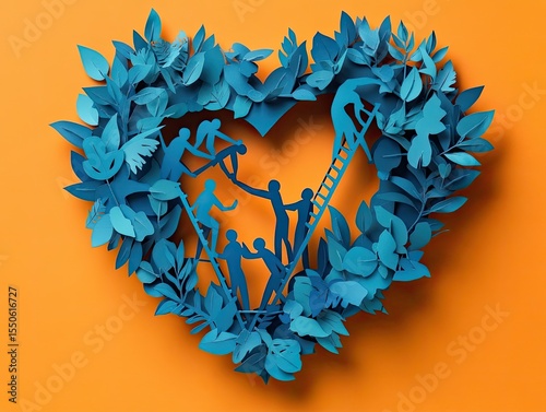 A heart-shaped frame of teal paper leaves, with miniature figures working together within