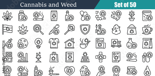 High-Resolution Cannabis and Weed Icons Fifty Professional Icons for Design Projects, transparent background