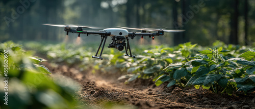 Multi rotor drone equipped with advanced sensors flying low over green crop field in bright daylight for detailed assessment.