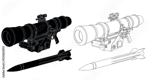 Missile & Launcher Technical Illustrations | Silhouette vs Detailed Line Art Comparison for Military Blueprint Design

