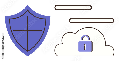 Shield and cloud with padlock conveying protection, cybersecurity, and privacy. Ideal for technology, online safety, secure cloud hosting, data encryption, trust, network security simple flat
