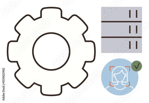 Gear icon, database structure, and facial recognition feature with approval highlight innovation, machine learning, and security. Ideal for tech systems, automation, database management, AI