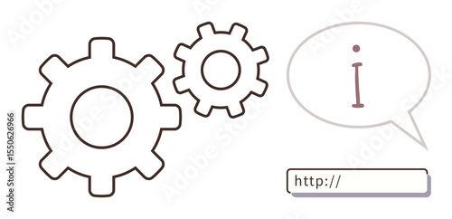Two mechanical gears, speech bubble with an i for information, and a web link. Ideal for tech support, process automation, online tools, programming, data access, innovation simple flat metaphor