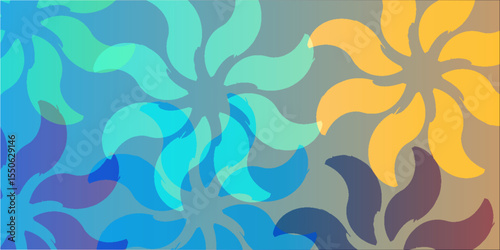 Vibrant multi-colored abstract floral design with flowing shapes, creating a harmonious pattern with overlapping hues and shades, adding energy and dynamism to the composition,