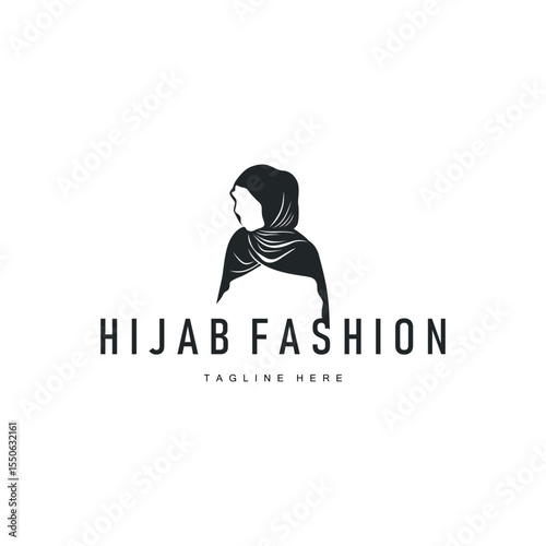 women fashion concept with a simple minimalist hijab logo with a black silhouette as a symbol of beauty and a poster template illustration