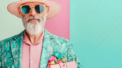Eclectic summer outfit on older man against split pastel backdrop, embodying retro vacation fun with a stylish floral pocket accessory.