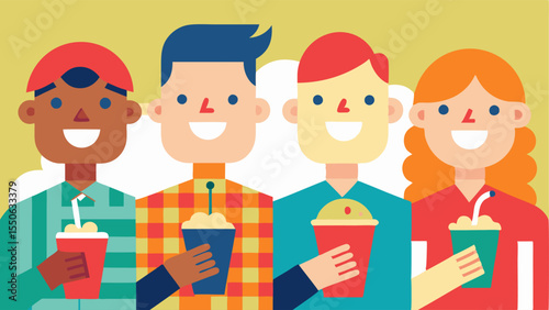Cheerful Picnic Participants A group of four diverse characters sits around the perfectly arranged picnic. Each person has an exaggerated cartoonish grin showcasing dazzling teeth