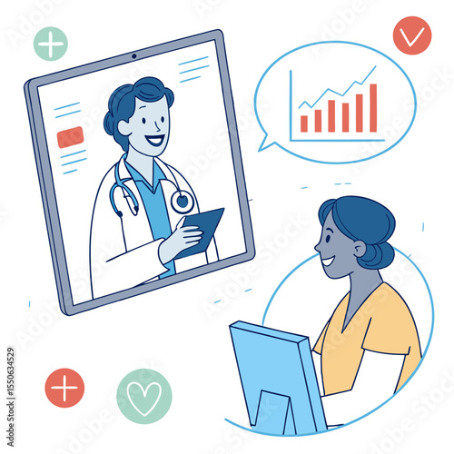 Doctor Conducting Telemedicine Appointment on Tablet – Flat Vector for Digital Healthcare