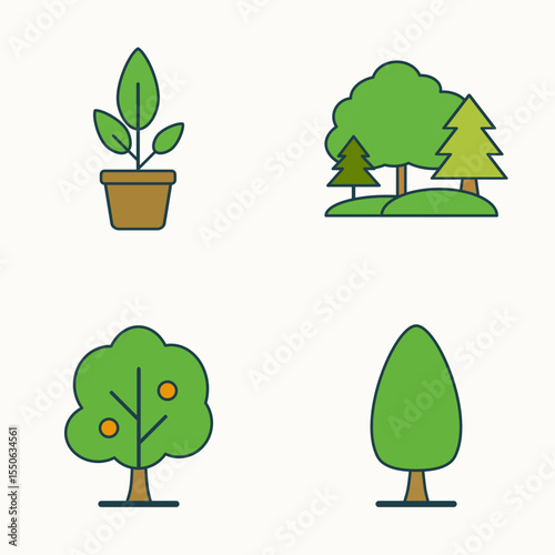 Collection of Green Trees and Plant Icons with Simple Line Art, Including Forest, Garden, and Indoor Pot Illustration