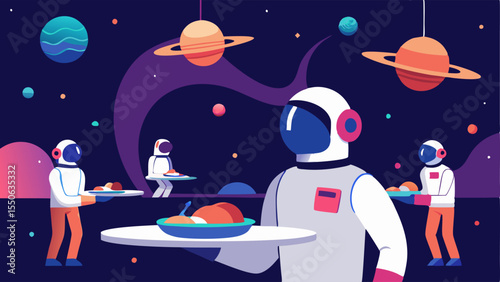Dinner Service in Space The chef now behind a service counter serves a group of floating diners in sleek modern spacesuits. The diners look delighted as they receive their