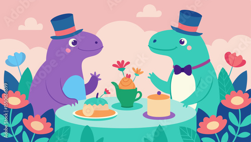 Elegant Gathering A colorful scene featuring a long round table set with fine china and an array of pastries. Two friendly dinosaurs one wearing a top hat and the other in a bonnet