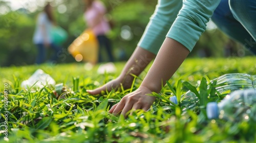 Hands diligently picking up litter from a grassy area restoring the beauty of nature