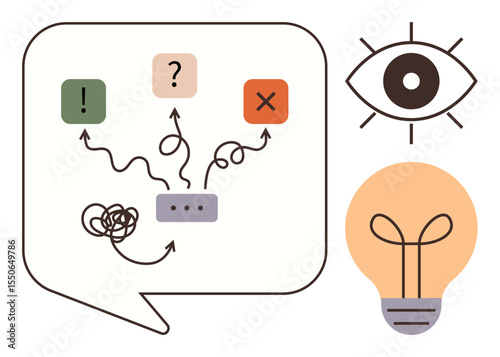 Speech bubble with paths linking exclamation, question, and cross marks, eye symbol for insight, and light bulb for ideas. Ideal for problem-solving, innovation, creativity, decision-making