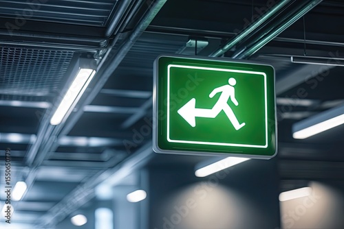 Green emergency exit sign hanging from a ceiling