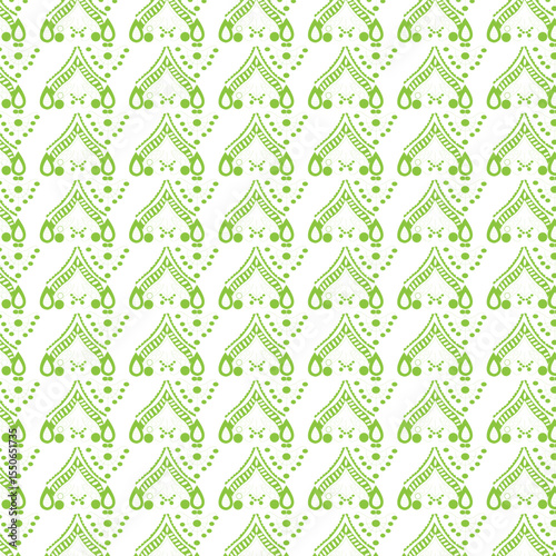 Seamless pattern featuring geometric green leaves and flowers, ideal for vector art wallpaper or fabric design
