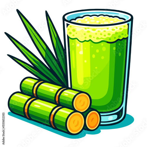 Glass of sugarcane juice with stalks and leaves, vibrant flat illustration on white background, tropical drink and refreshment concept

