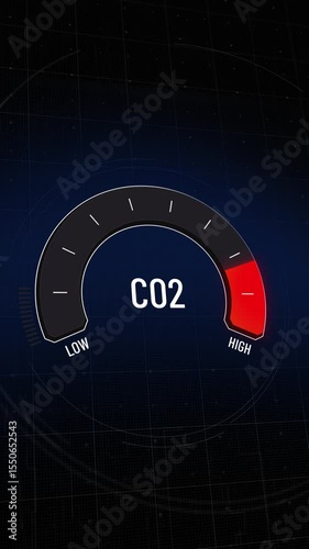 Animated digital CO2 meter showing carbon dioxide levels rising from safe green to hazardous red, indicating environmental pollution and climate change impact. Copy space.