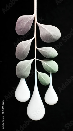 Abstract Botanical Study: Green and White Leaves with Dripping Paint on Black Background