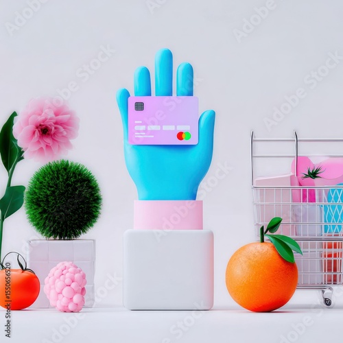 Blue Hand Holding Credit Card in Pastel Futuristic Marketplace Setting