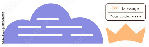 Cloud storage with a code notification and crown symbolizing premium access. Ideal for data security, cloud storage, premium service, authentication, technology, subscription, simple flat metaphor