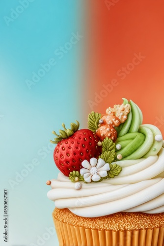 Close Up Of A Decorated Cupcake With Strawberry