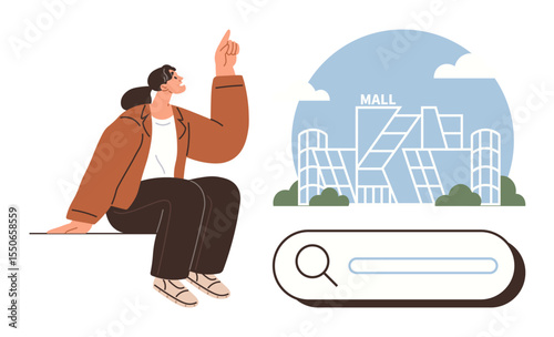 Person sitting while pointing upward toward a modern mall with a cityscape backdrop and a large search bar. Ideal for retail concepts, online shopping, exploration, urban living, navigation, digital