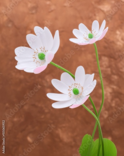 Delicate White Flowers with Pink Hints Against Brown Background