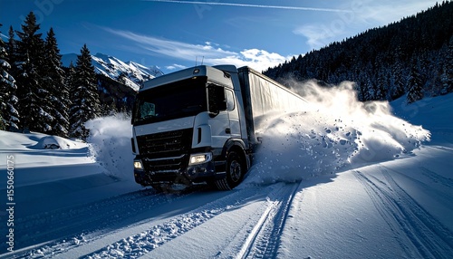 Powerful Truck Clearing Snow on Mountain Road in Winter