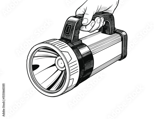 Vector Illustration: Hand holding flashlight, dark and light