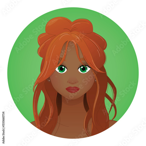 Redhead Woman with Green Eyes and Dark Skin – Vector Illustration. EPS