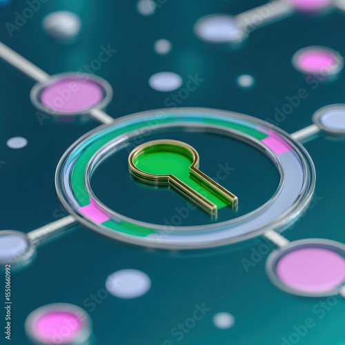 Glowing Green Digital Key on Teal Network Background