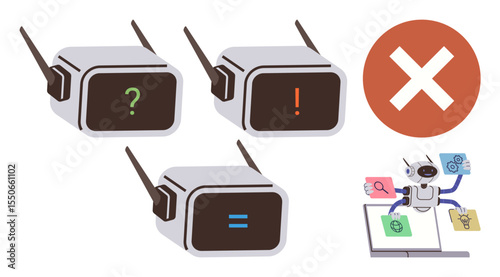 Robots display question, action, and conclusion signals. Red cross marks incorrect. Robot evaluates options on laptop. Ideal for decision-making, AI processes, logic, analysis automation tech