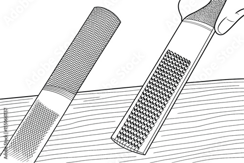 Detailed illustration of hand holding a rasp and file tool
