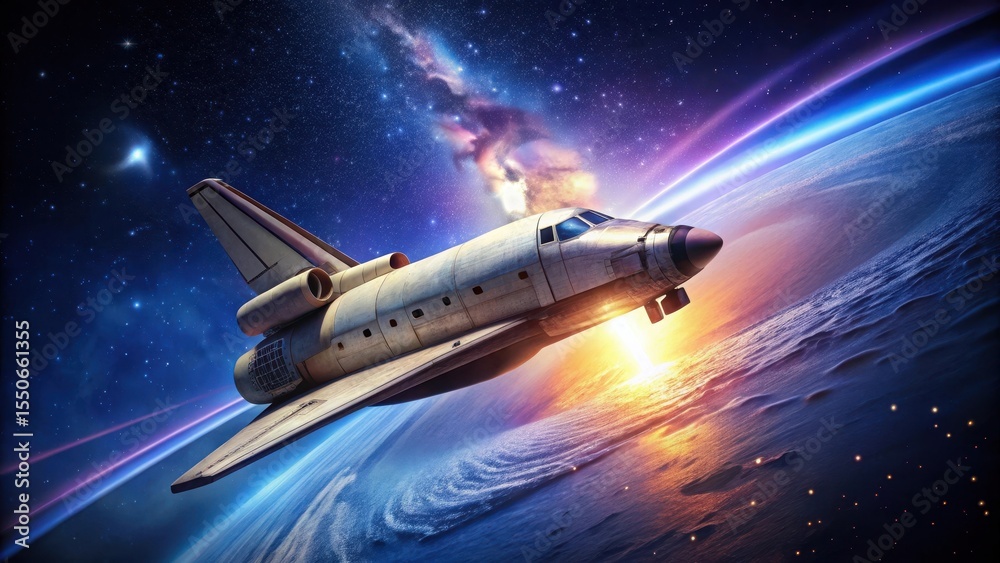 Naklejka premium A Spacecraft's Majestic Flight Over a Vibrant Planet, Illuminated by a Cosmic Dawn