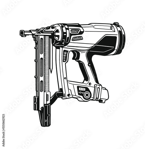 Detailed Line Art of a Pneumatic Nail Gun Tool Illustration